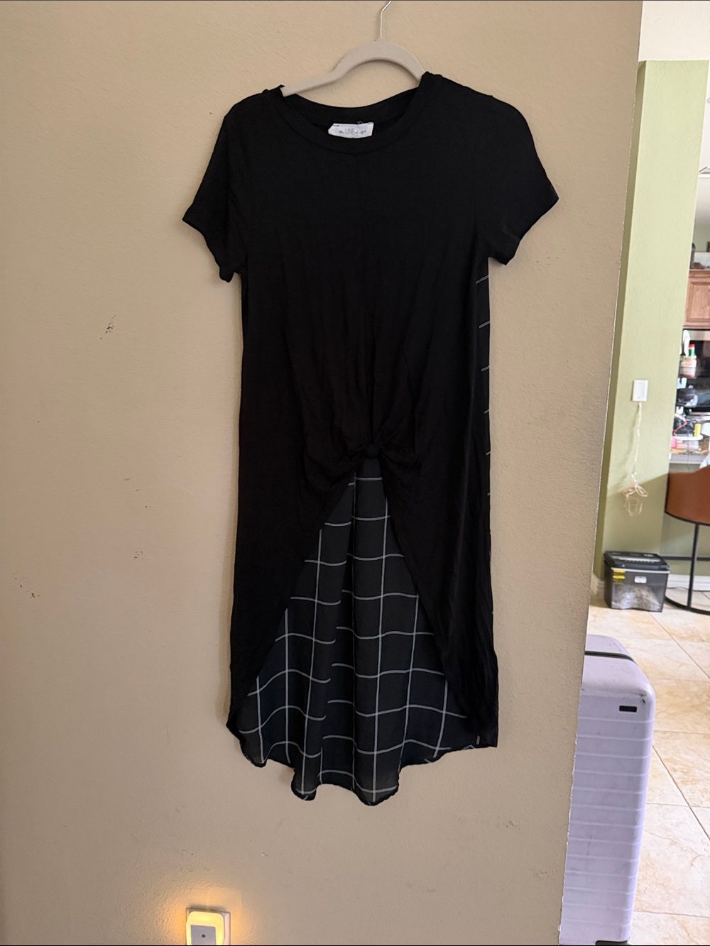 Women’s Black Knot-Front Tunic with Checkered Panel